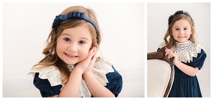 Collage of 5 Year Old Girl having her milestone photos done with one standing and one with hand folded under her chin 