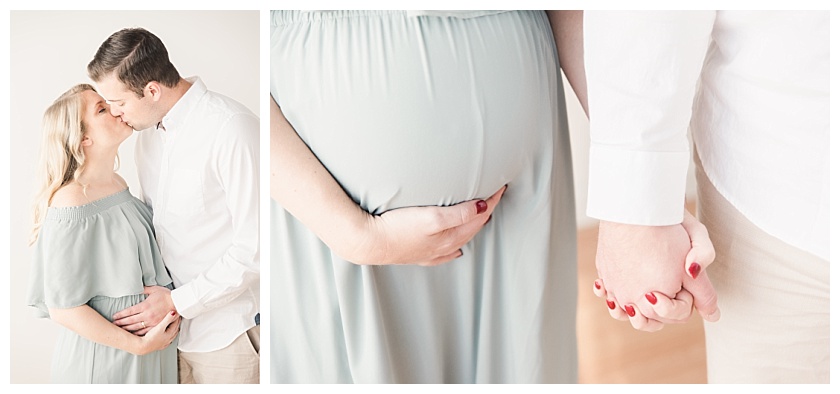 maternity photos with couple kissing and holding hands by meghan goering photography