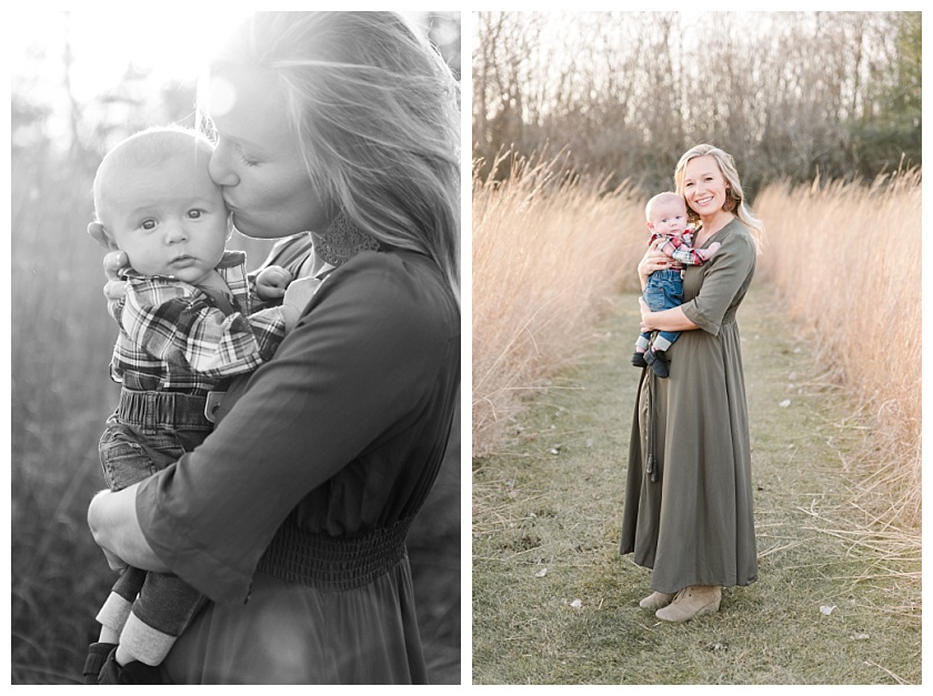 Mother holding baby boy in Cedar Falls Iowa Prairie Field with golden lighting 