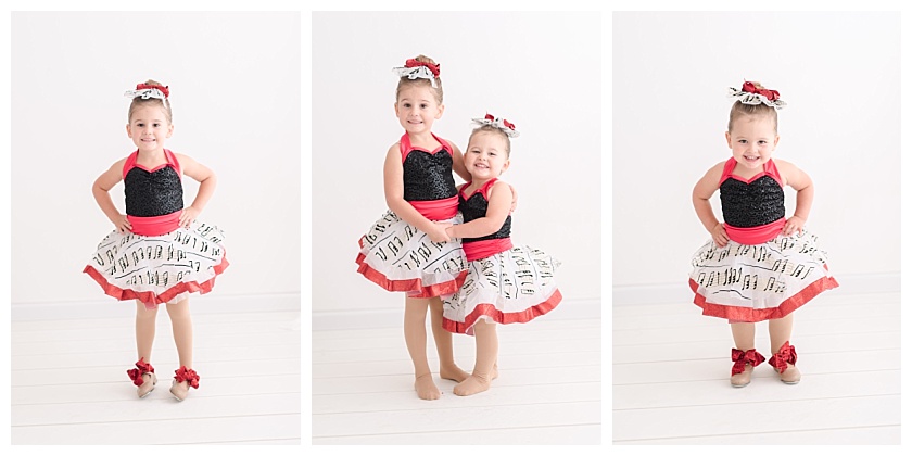 Sisters posing for ballet portraits wearing ballet costumes from National Dance academy preschool class