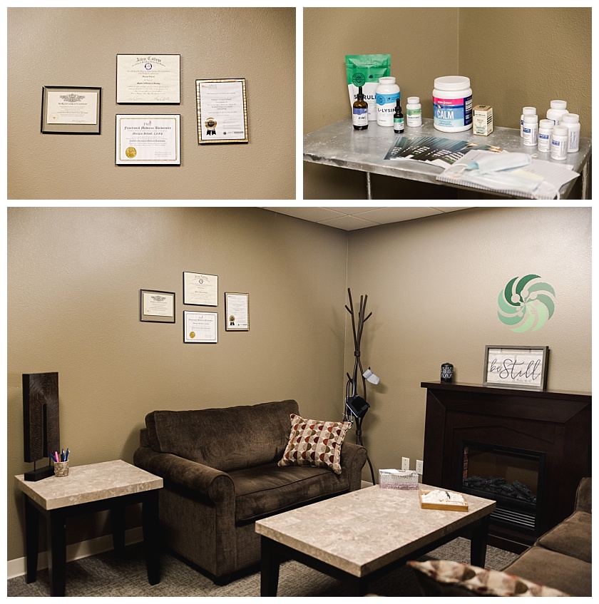 consultation room at transcend wellness showing morgan's credentials and supplement options