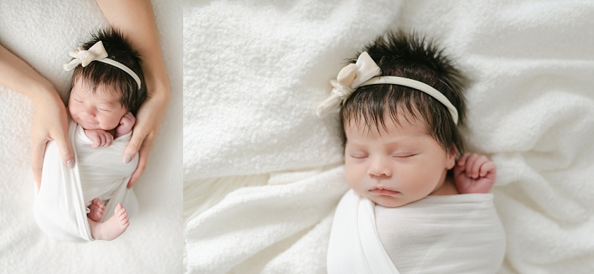 lifestyle light and airy newborn images with velvet tieback on baby's head