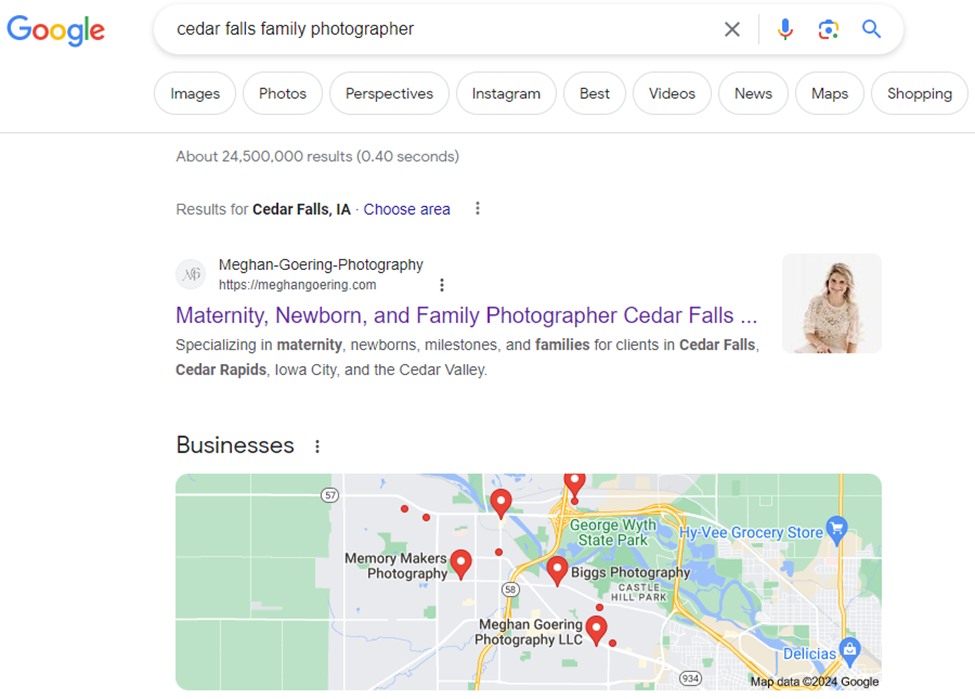 top-1-serp-ranking-of-cedar-falls-family-photographer-keyword-on-google