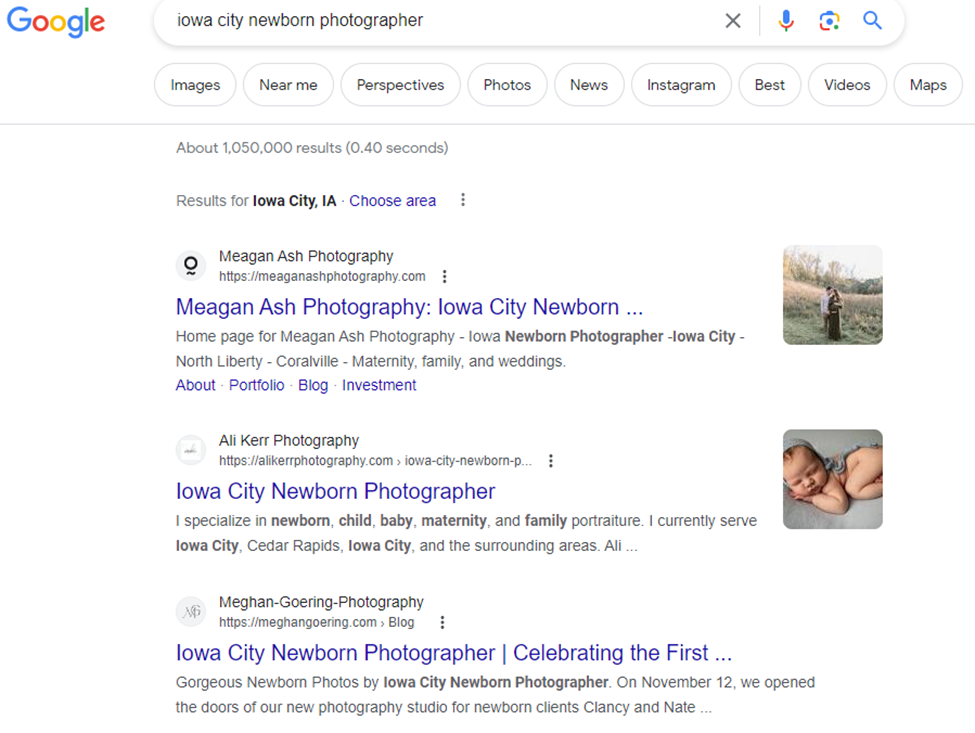 top-1-serp-ranking-of-iowa-city-newborn-photographer-keyword-on-google
