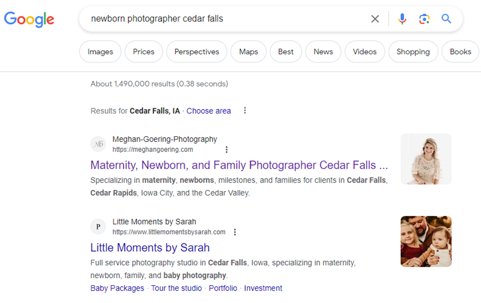 top-1-serp-ranking-of-newborn-photographer-cedar-falls-keyword-on-google