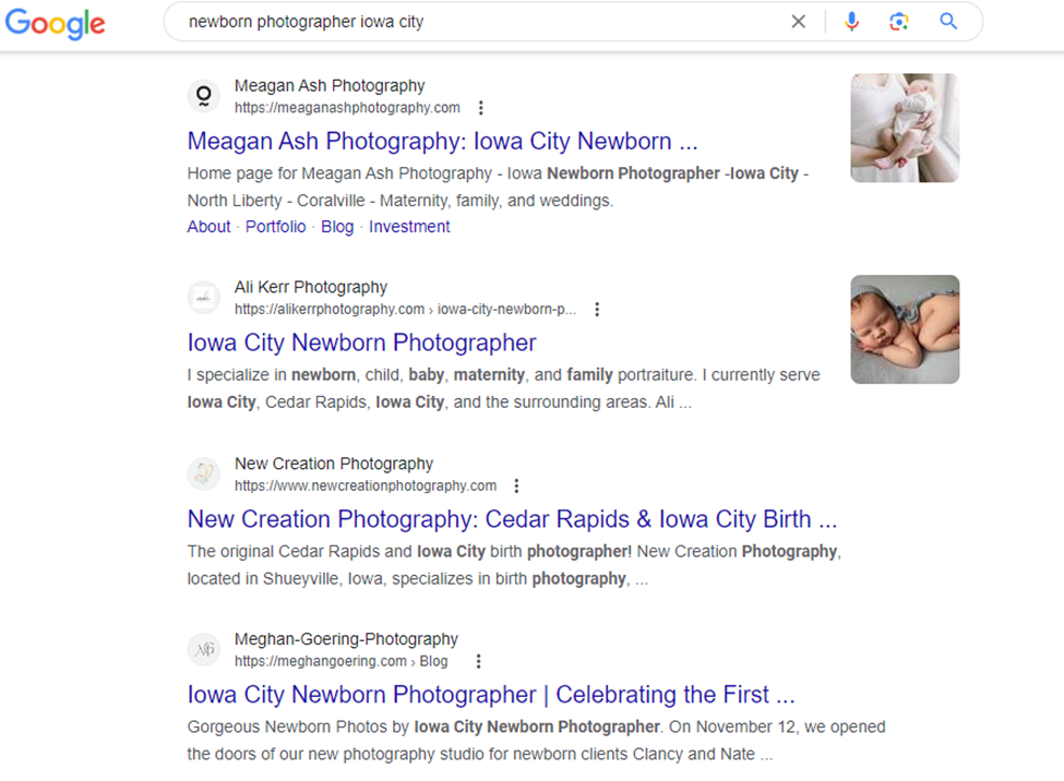 top-1-serp-ranking-of-newborn-photographer-iowa-city-keyword-on-google