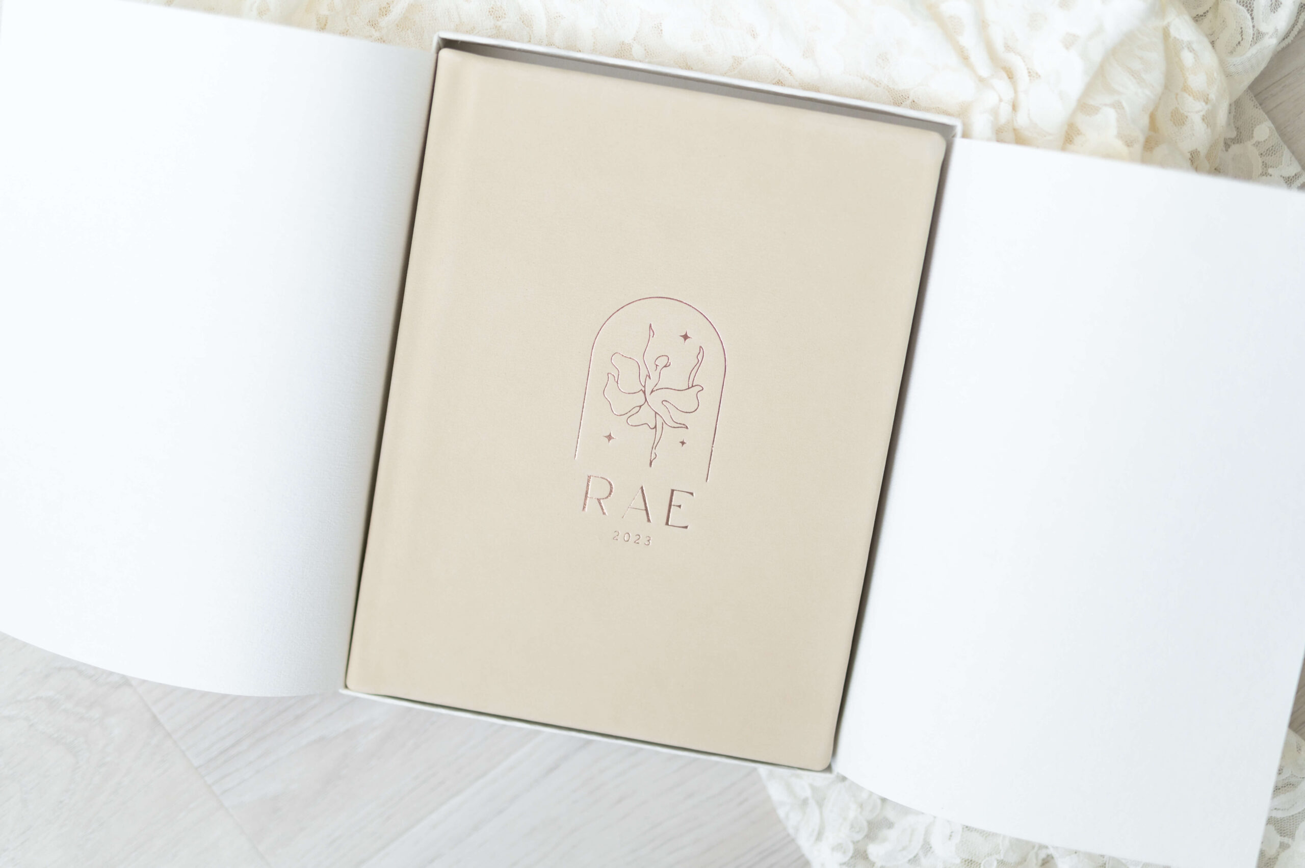 gorgeous heirloom album with nubuck leather and rose gold stamp